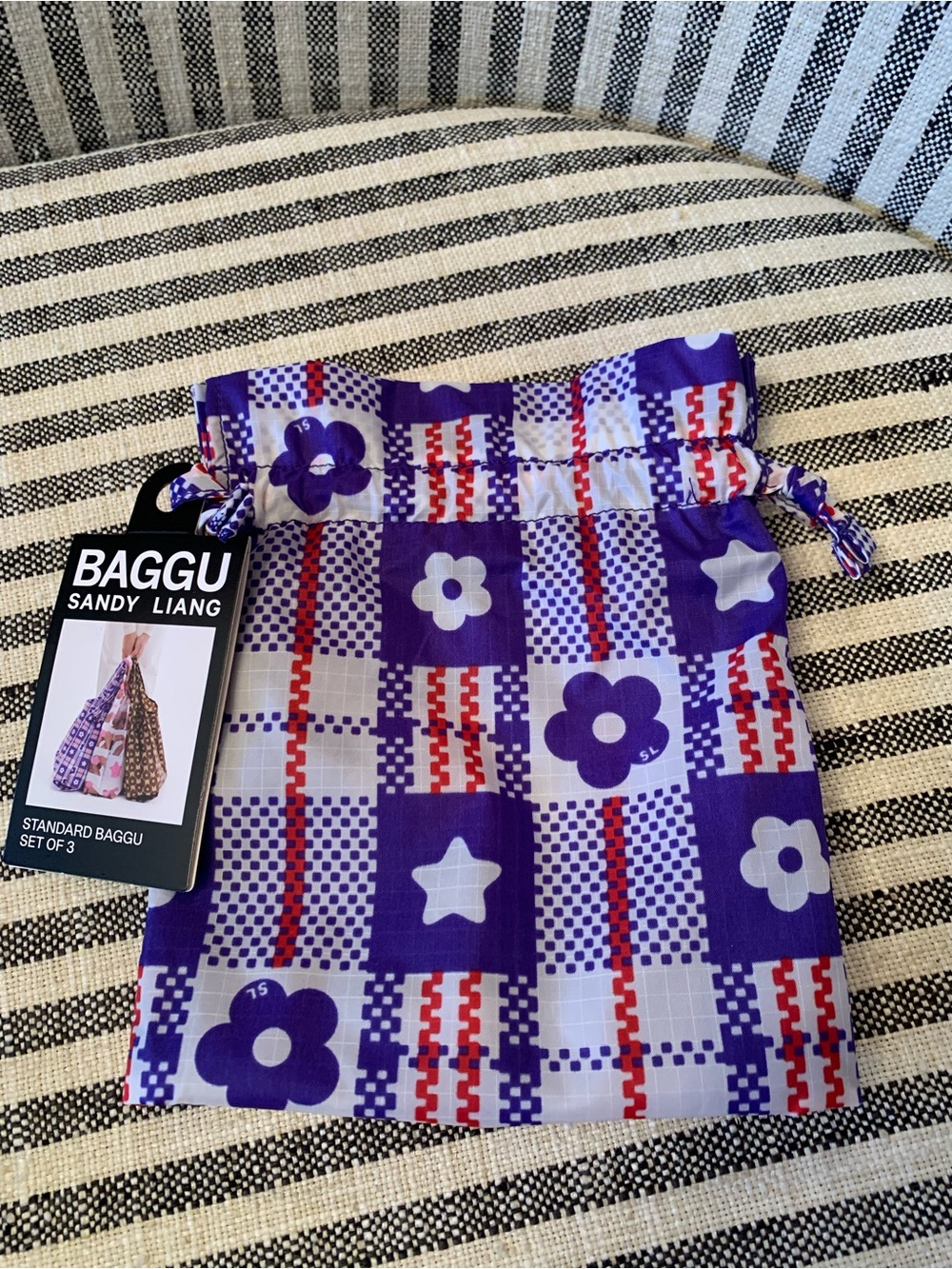 NWT BAGGU X Sandy Liang Drawstring Pouch Blue Market Plaid
